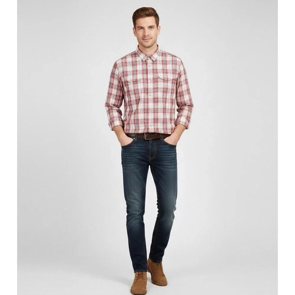 Banana Republic Mens XL Tall Button-Up Long Sleeve Plaid Epaulettes Red Shirt‎